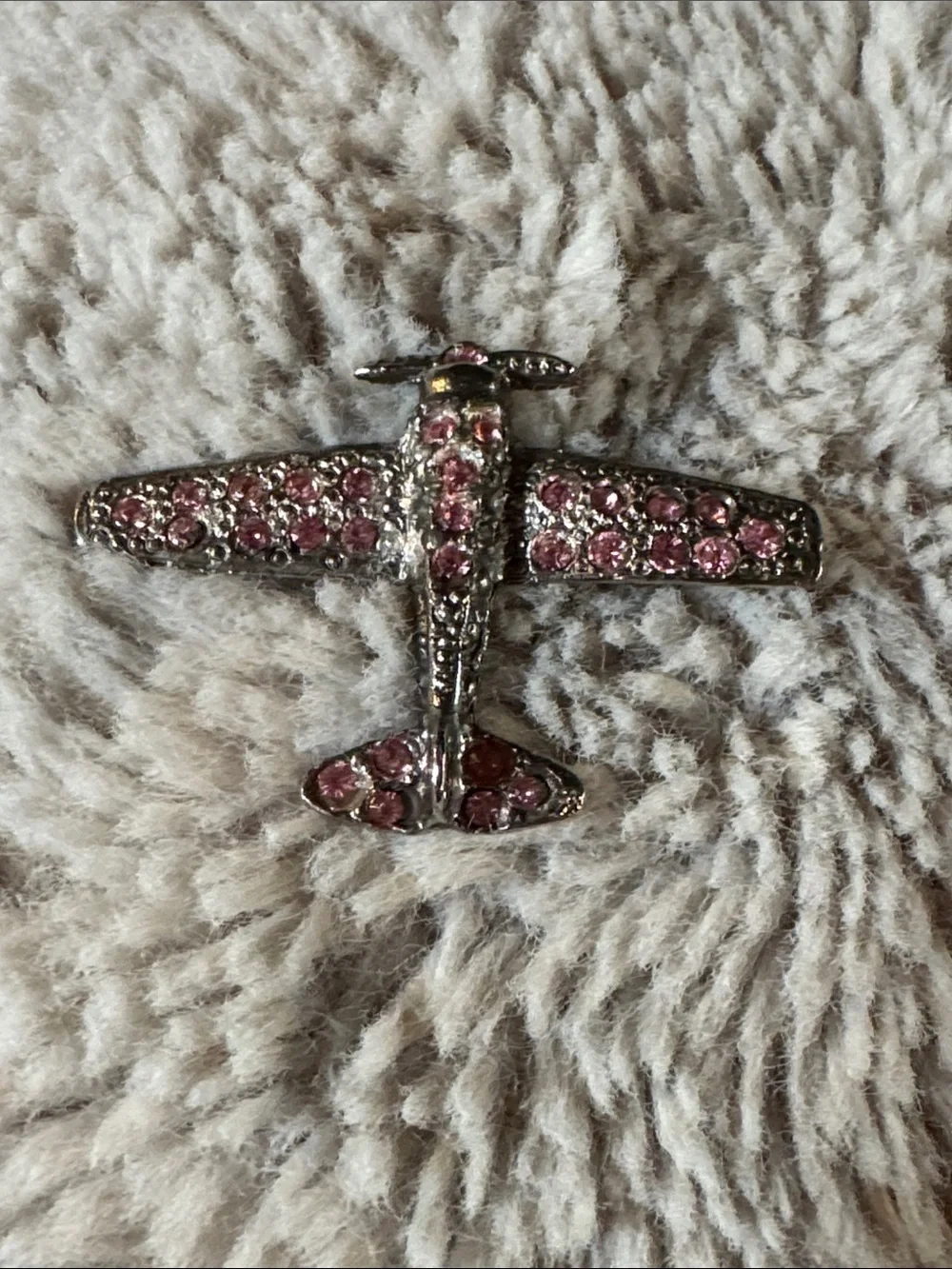 Rhinestone Airplane Brooch with Pink Crystals Throughout